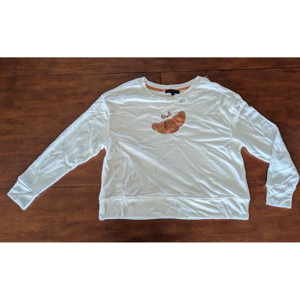 Jane + Delancey Oui French Cafe Embroidered Croissant Sweatshirt Ivory Size M